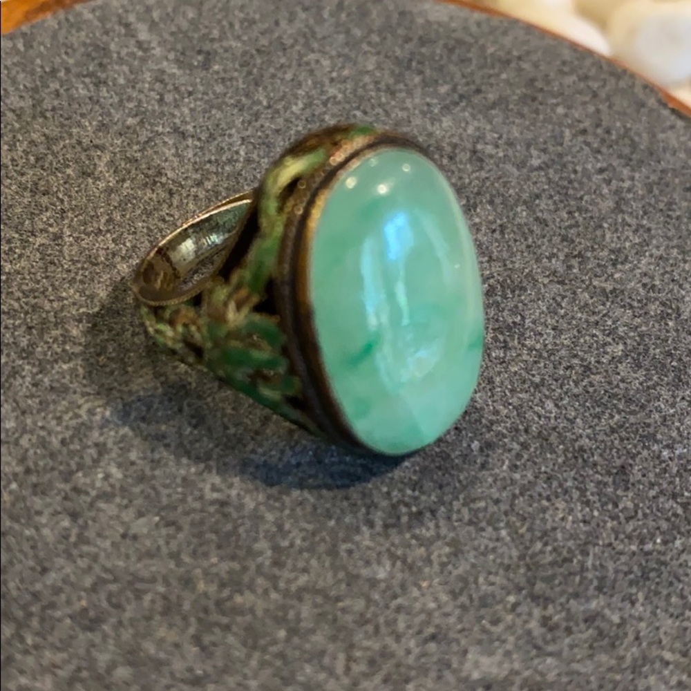 Vintage Jadeite Sterling Enameled Adjustable Ring